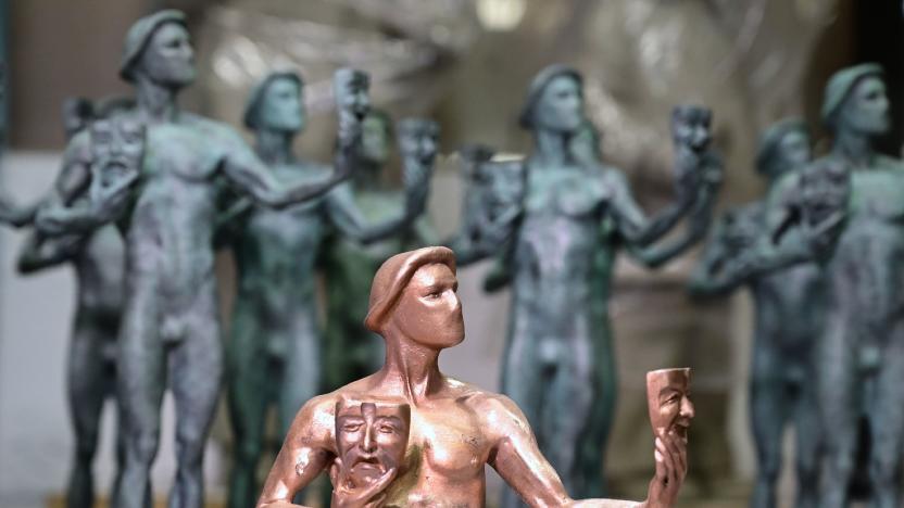 TOPSHOT - Statuettes of the award given at the Screen Actors Guild Awards known as the Actor are displayed at the American Fine Arts Foundry on January 15, 2019, in Burbank, California, where the solid bronze statuettes are produced. - The Screen Actors Guild (SAG) Awards will be held on January 27. (Photo by Frederic J. BROWN / AFP)        (Photo credit should read FREDERIC J. BROWN/AFP via Getty Images)