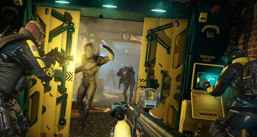 A screenshot from Rainbow Six Extraction, showing the player and a teammate aiming at aliens while a third teammate uses an access panel.