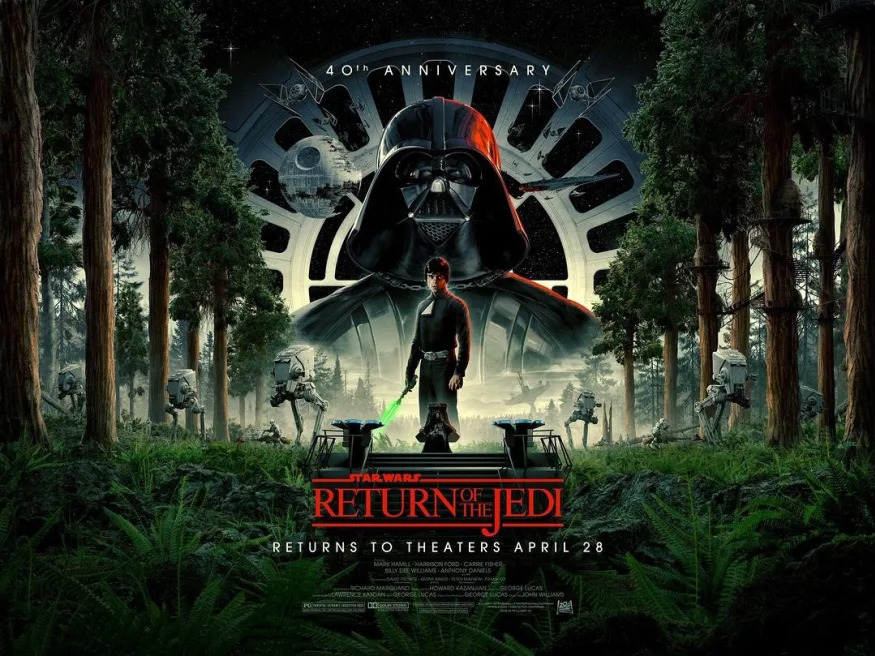 New 40th anniversary poster for Star Wars: Return of the Jedi. Luke stands at the center of the composition with the trees of Endor around him and Darth Vader in the background. 