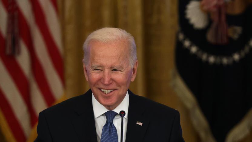 WASHINGTON, DC - JANUARY 24:  U.S. President Joe Biden speaks during a meeting with the White House Competition Council in the East Room of the White House January 24, 2022 in Washington, DC. Biden discussed efforts to lower prices for Americans laid out in his July 2021 executive order on promoting competition in the economy. (Photo by Alex Wong/Getty Images)