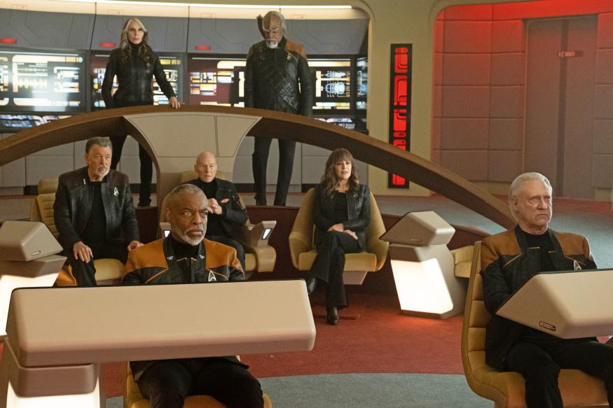 LeVar Burton as Geordi La Forge, Brent Spiner as Data, Gates McFadden as Dr. Beverly Crusher, Michael Dorn as Worf, Marina Sirtis as Deanna Troi, Jonathan Frakes as Will Riker and Patrick Stewart as Picard in "The Last Generation" Episode 310, Star Trek: Picard on Paramount+.  