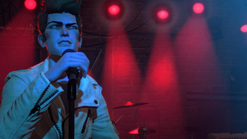 Promotional screenshot from Rock Band 4. A singer holds the microphone and gazes at the audience. Red spotlights and part of a drumkit behind him,