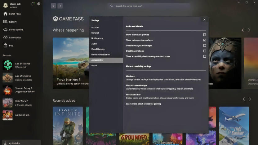 Screenshot from the Xbox PC app, showing a list of accessibility features (in a black window) overlaying the store's collections of Game Pass titles.