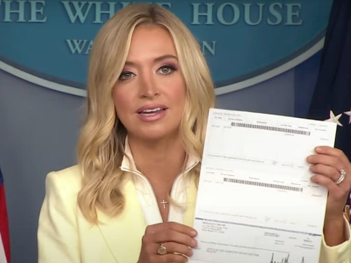Trump's press secretary may have flashed his personal banking information while displaying the check of his quarterly salary donation