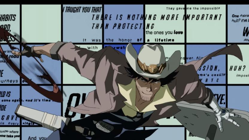 An anime-style drawing of a man wearing a cowboy hat, twirling a hand gun. 