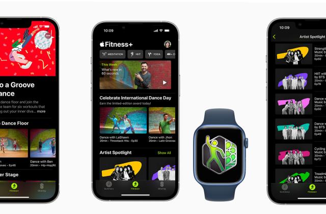 A composite of three images showing three iPhones and an Apple watch, displaying, from left to right, the page for Dance workouts on Fitness+, an award for Dance and a collection of workouts in the Artist Spotlight.