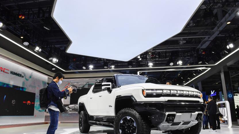 SHANGHAI, CHINA - NOVEMBER 05: A GMC Hummer EV truck is on display at the General Motors booth during the 4th China International Import Expo (CIIE) at the National Exhibition and Convention Center (Shanghai) on November 5, 2021 in Shanghai, China. (Photo by VCG/VCG via Getty Images)