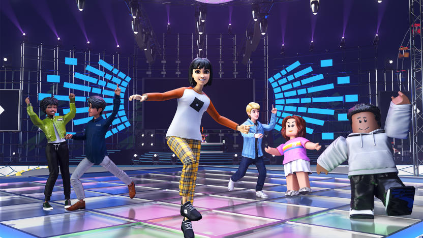 A marketing image for Robox, featuring virtual children and teenagers dancing on a floor with a disco ball overhead.