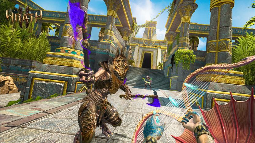A screenshot of Asgard's Wrath 2 from a first-person perspective. The player character's hands are shown drawing a harp-style bow. A reptile-like humanoid enemy clad in armor is just in front. Behind is an Egyptian-style temple.