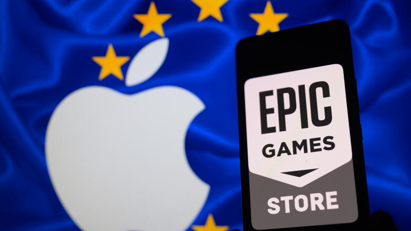 The Epic Games Store logo is being displayed on a smartphone with an Apple logo and an EU flag visible in the background in this photo illustration in Brussels, Belgium, on March 9, 2024. (Photo by Jonathan Raa/NurPhoto via Getty Images)