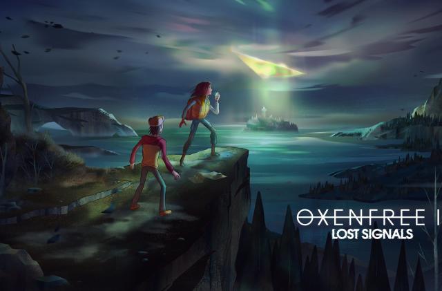Two charcters stand on the edge of a cliff looking into the distance, where light passes through a triangular opening in the sky onto an island. Text in the lower right reads "Oxenfree II: Lost Signals."