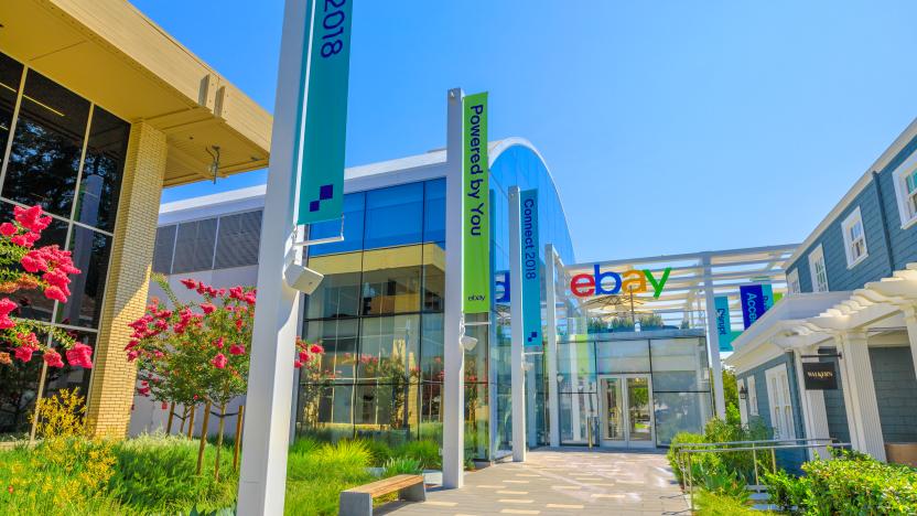 San Jose, CA, USA - August 12, 2018: eBayCampus headquarters in San Jose of Silicon Valley, California. eBay Inc. is the leader company in e-commerce with its online marketplace and virtual stores.