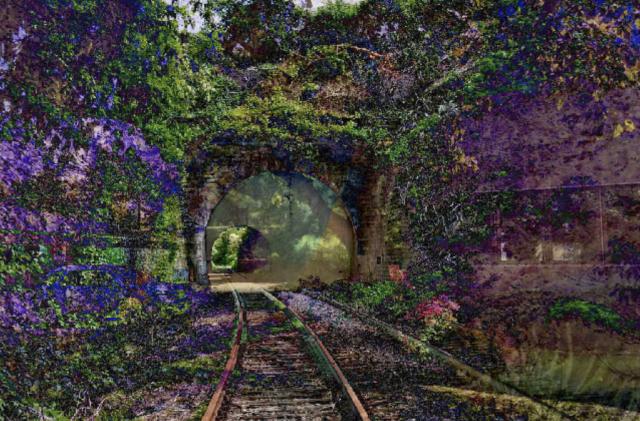 AI artwork entitled "A Recent Entrance to Paradise" which depicts a verdant train-track and tunnel entrance, overgrown with lilac and green foliage.