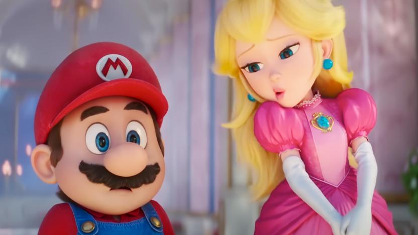 Still from the 2023 animated film "The Super Mario Bros. Movie." Mario is on the left with a worried look on his face; Peach stands to the right with a comically nonchalant look on her face.