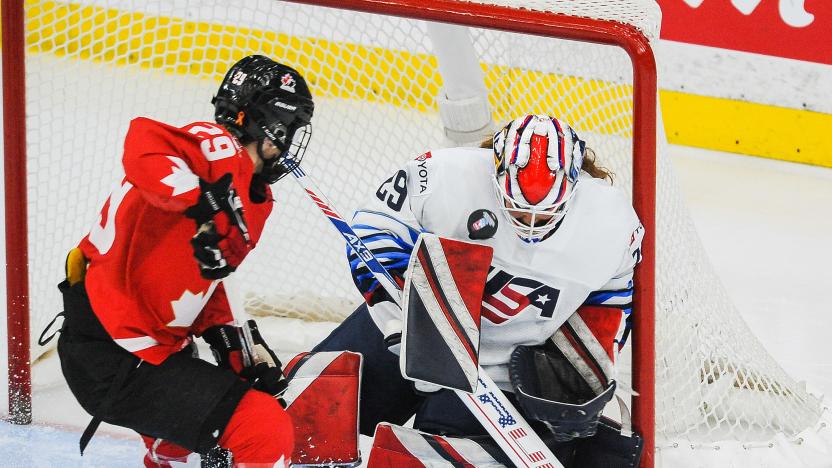 CALGARY, AB - AUGUST 31: Marie-Philip Poulin #29 of Canada takes a shot on Nicole Hensley #29 of United Sates in the 2021 IIHF Women's World Championship gold medal game played at WinSport Arena on August 31, 2021 in Calgary, Canada. (Photo by Derek Leung/Getty Images)