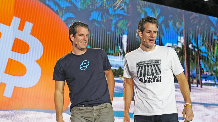 MIAMI, FLORIDA - JUNE 04:  Tyler Winklevoss and Cameron Winklevoss (L-R), creators of crypto exchange Gemini Trust Co. on stage at the Bitcoin 2021 Convention, a crypto-currency conference held at the Mana Convention Center in Wynwood on June 04, 2021 in Miami, Florida. The crypto conference is expected to draw 50,000 people and runs from Friday, June 4 through June 6th. 