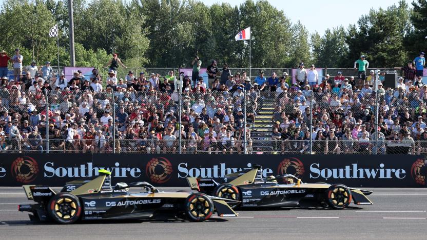 Jun 24, 2023; Portland, Oregon, USA; DS Penske drivers Stoffel Vandoorne (1) and-Eric Vergne (25) race during the 2023 Portland E-Prix at Portland International Raceway. Mandatory Credit: Al Sermeno-USA TODAY Sports