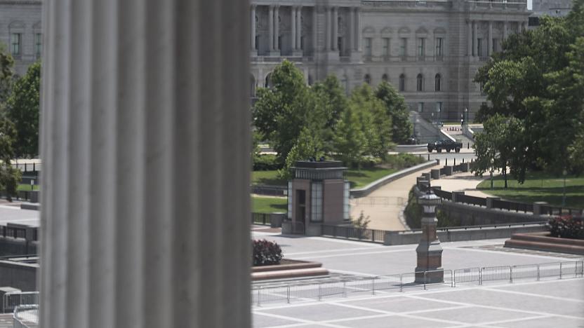 UNITED STATES - AUGUST 19: A pickup truck is parked in front of the Library of Congress during an active bomb threat across from the U.S. Capitol on Thursday, Aug. 19, 2021. Photo by Bill Clark/CQ-Roll Call, Inc via Getty Images)