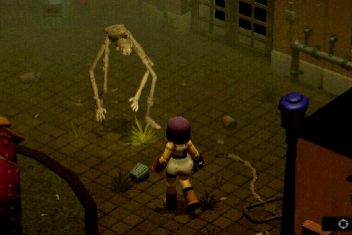 A still from the game Crow Country shows the purple-haired main character Mara in a standoff with a spindly humanoid creature