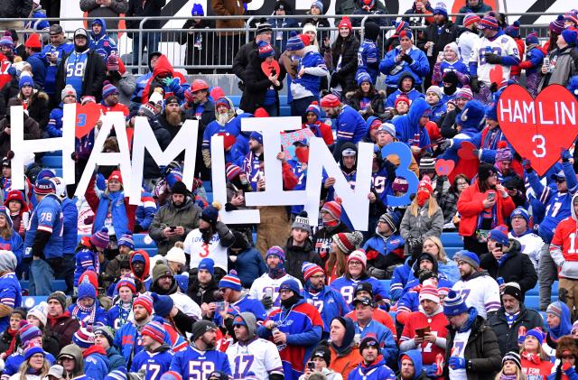 Jan 8, 2023; Orchard Park, New York, USA; Buffalo Bills fans show support for Damar Hamlin before a game against the New England Patriots at Highmark Stadium. Mandatory Credit: Mark Konezny-USA TODAY Sports     TPX IMAGES OF THE DAY