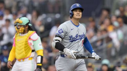 Associated Press - Los Angeles Dodgers' Shohei Ohtani reacts after striking out during the first inning of a baseball game against the San Diego Padres, Friday, May 10, 2024, in San Diego. (AP Photo/Gregory Bull)