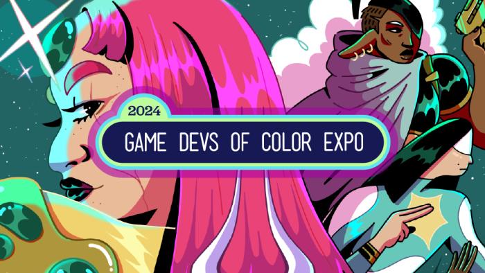 Promo art for the Game Devs of Color Expo 2024. Art of various people of color in cool game hero outfits and action scenarios.