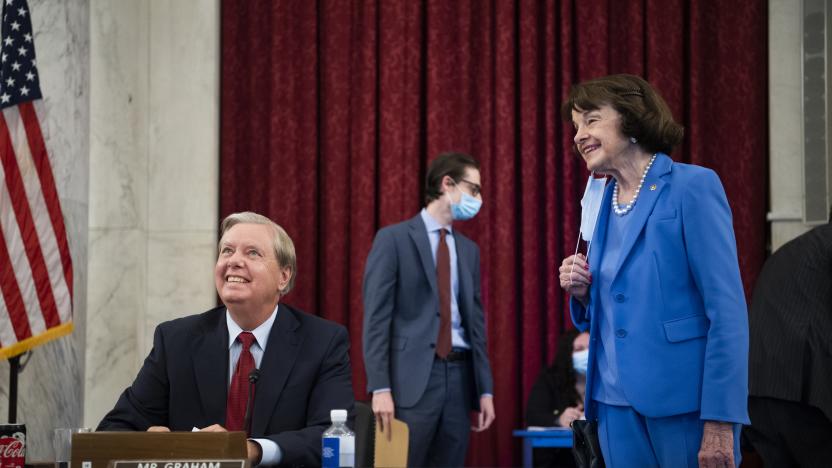 UNITED STATES - JULY 2: Chairman Lindsey Graham, R-S.C., and ranking member Sen. Dianne Feinstein, D-Calif., talk before the start of the Senate Judiciary Committee markup of the Eliminating Abusive and Rampant Neglect of Interactive Technologies (EARN IT) Act of 2020, and judicial nominations in Russell Building on Thursday, July 2, 2020.(Photo By Tom Williams/CQ-Roll Call, Inc via Getty Images)