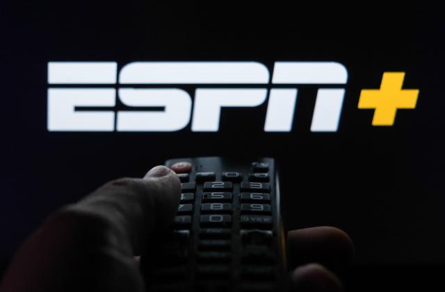 TV remote control is seen with ESPN+ logo displayed on a screen in this illustration photo taken in Krakow, Poland on February 6, 2022. (Photo by Jakub Porzycki/NurPhoto via Getty Images)