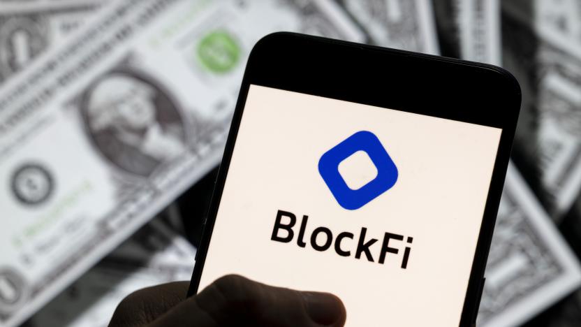 CHINA - 2021/04/14: In this photo illustration, the cryptocurrency exchange trading platform Blockfi logo is seen on an Android mobile device screen with the currency of the United States dollar icon, $ icon symbol in the background. (Photo Illustration by Chukrut Budrul/SOPA Images/LightRocket via Getty Images)