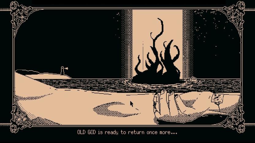 A screenshot from World of Horror showing a dead person's hand, with a tentacled Old God in the backgroud