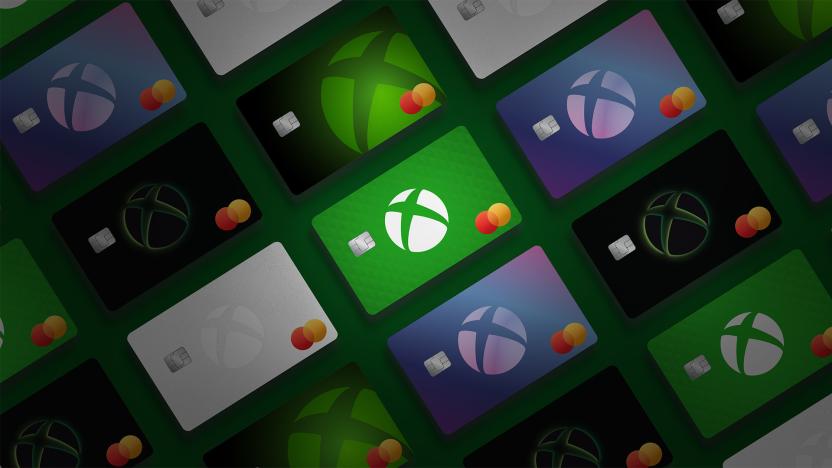 Marketing image for the new Xbox Mastercard. A grid of credit cards (all featuring the Xbox and Mastercard logos and a chip) is framed at a diagonal (tilted down and to the left) angle.