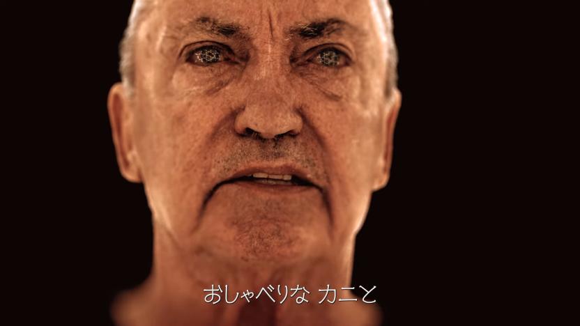 Still from Hideo Kojima’s OD. A rendered mocap shot of an older man with grizzly features stares intimately at the camera.