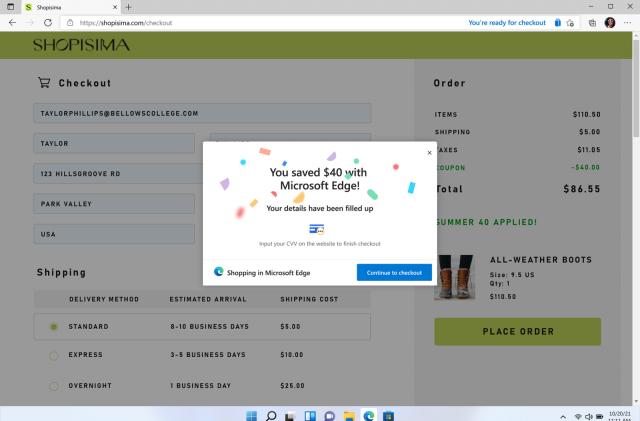 A screenshot of the Microsoft Edge browser that reads "You have saved $40 with Microsoft Edge."  new feature allows users to automatically check if any coupons are applicable while shopping.