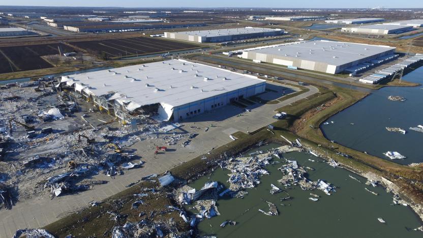 The site of a roof collapse at an Amazon.com distribution centre a day after a series of tornadoes dealt a blow to several U.S. states, in Edwardsville, Illinois, U.S. December 11, 2021.  REUTERS/Drone Base