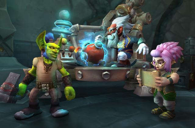 Three characters stand next to electrified machinery in World of Warcraft.