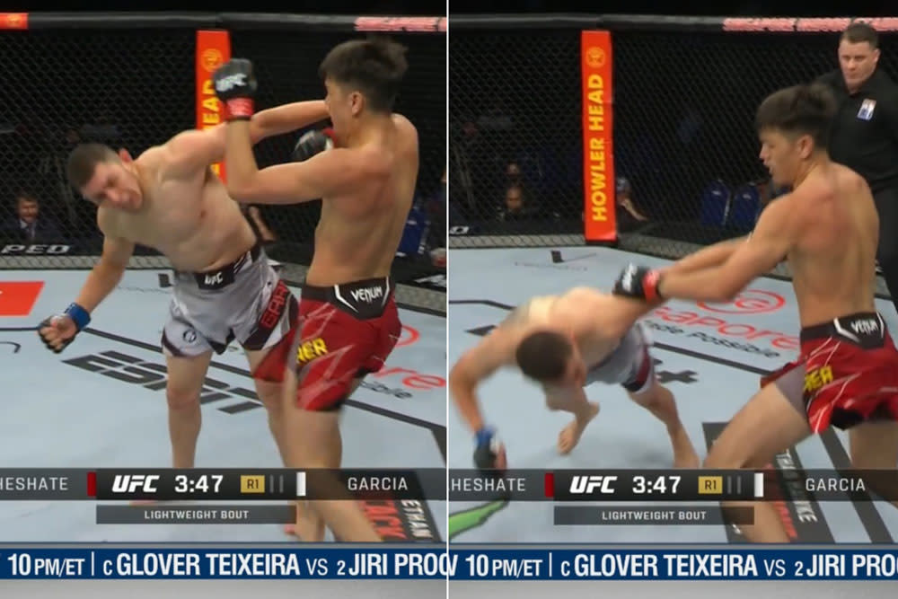 Hayisaer Maheshate starches Steve Garcia with perfect right hand while backpedaling