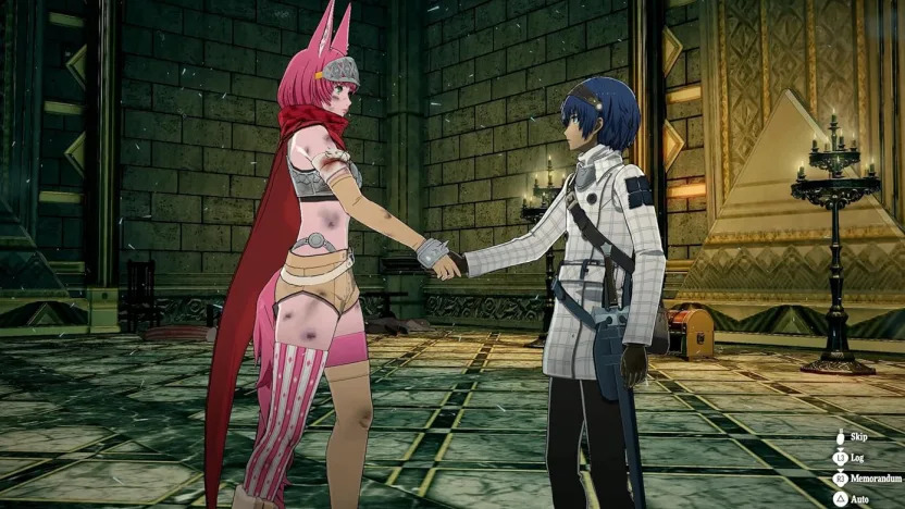 Two video game characters in the middle of the image, shaking hands.