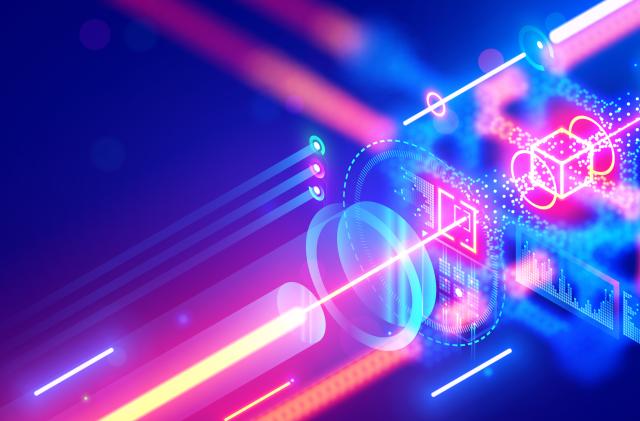 Quantum computing. Close up of optical cpu process light signal. Quantum computer of glowing qubits. Laser ray signal transmitting digital signal in chip or processor. Abstract technology background.