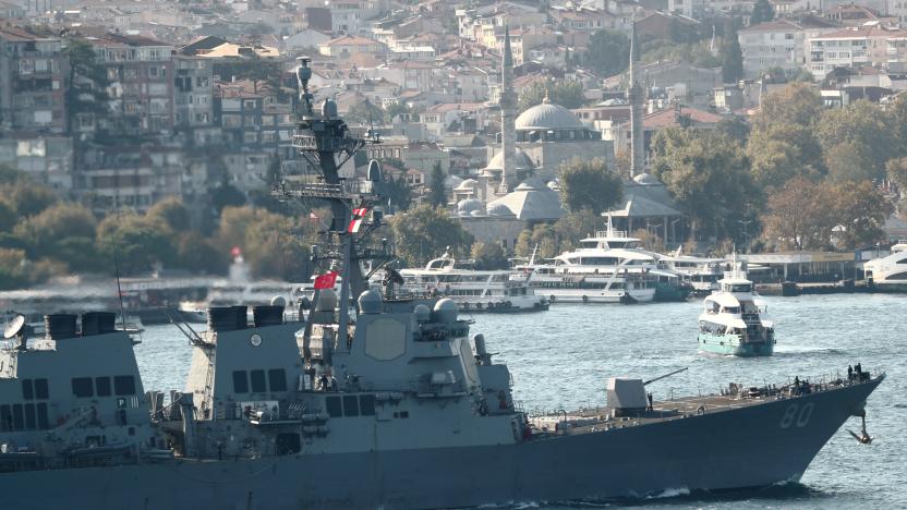 U.S. Navy Arleigh-Burke class destroyer USS Roosevelt (DDG 80) sets sail in the Bosphorus, returning from the Black Sea, in Istanbul, Turkey October 2, 2020. REUTERS/Murad Sezer