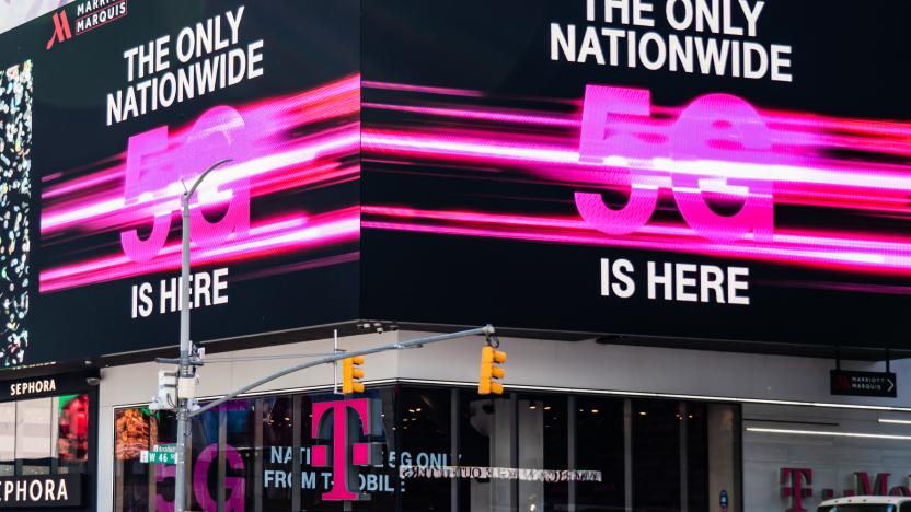 NEW YORK CITY, UNITED STATES - 2020/02/20: T-Mobile 5G nationwide network advertisement seen in Midtown Manhattan. (Photo Illustration by Alex Tai/SOPA Images/LightRocket via Getty Images)