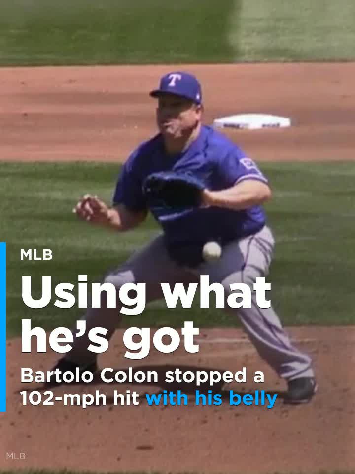 Bartolo Colon stopped a 102-mph comebacker with his belly and