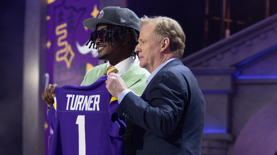 Getty Images - DETROIT, MI - APRIL 25: Alabama Defensive End Dallas Turner poses with NFL Commissioner Roger Goodell after being taken by the Minnesota Vikings with the 17th overall pick during Day 1 of the NFL Draft on April 25, 2024 at Campus Martius Park and Hart Plaza in Detroit, MI. (Photo by John Smolek/Icon Sportswire via Getty Images)