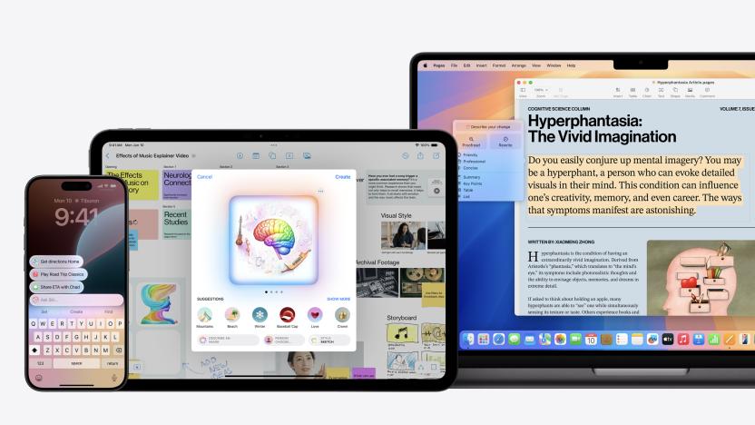 iPhone, iPad and MacBook showing Apple Intelligence integration