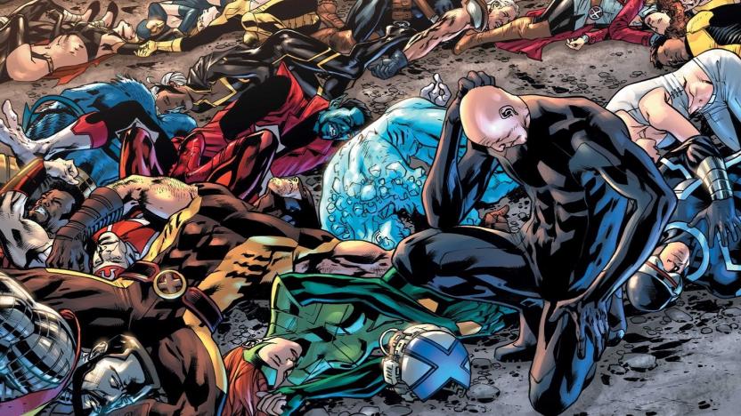 Panel from the Marvel comic "Fall of X." A bald man in a black suit kneels with his head down (mourning) as a pile of X-Men bodies lay around him.