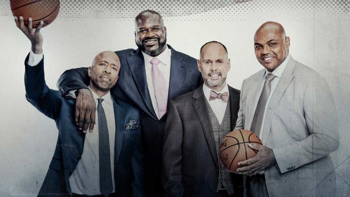 Promo still for Inside the NBA. L to R: Kenny Smith, Shaquille O'Neal, Ernie Johnson and Charles Barkley. Stylized film appearance with subtle pointillism graphics.