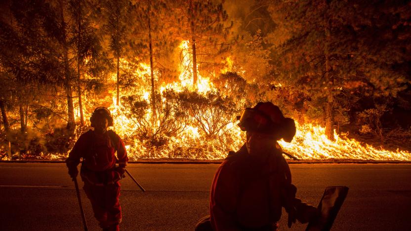 Firefighters battling the King Fire watch as a backfire burns along Highway 50 in Fresh Pond, California September 16, 2014. The fire led officials to call on about 400 people to evacuate from areas threatened by the blaze, Cal Fire spokeswoman Alyssa Smith said. It has charred more than 11,500 acres (4,654 hectares) and was 5 percent contained on Tuesday.  REUTERS/Noah Berger  (UNITED STATES - Tags: DISASTER ENVIRONMENT TPX IMAGES OF THE DAY)