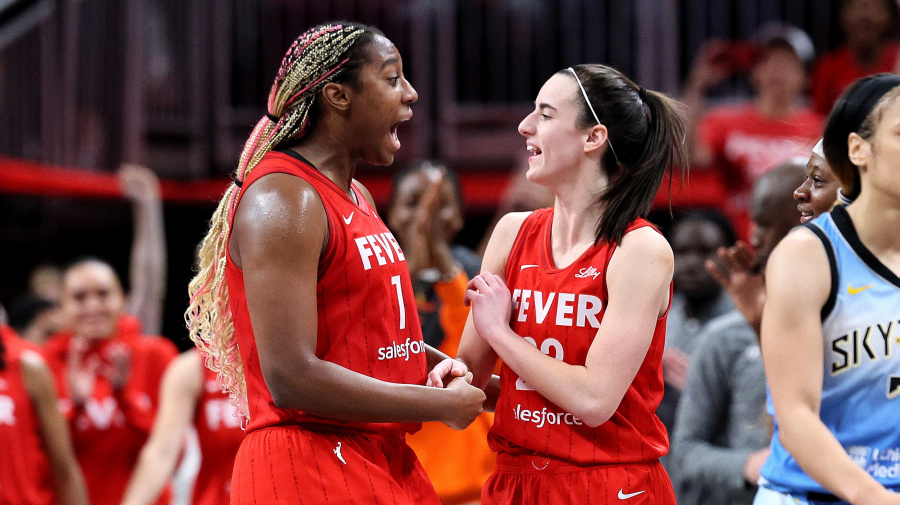 Getty Images - INDIANAPOLIS, INDIANA - JUNE 01: Aliyah Boston #7 and Caitlin Clark #22 of the Indiana Fever celebrate after defeating the Chicago Sky in the game at Gainbridge Fieldhouse on June 01, 2024 in Indianapolis, Indiana. NOTE TO USER: User expressly acknowledges and agrees that, by downloading and or using this photograph, User is consenting to the terms and conditions of the Getty Images License Agreement. (Photo by Andy Lyons/Getty Images)