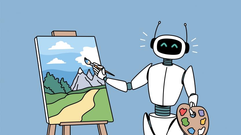 Robotic technologies in hobbies concept. Positive robot standing and drawing artwork picture landscape with brush vector illustration