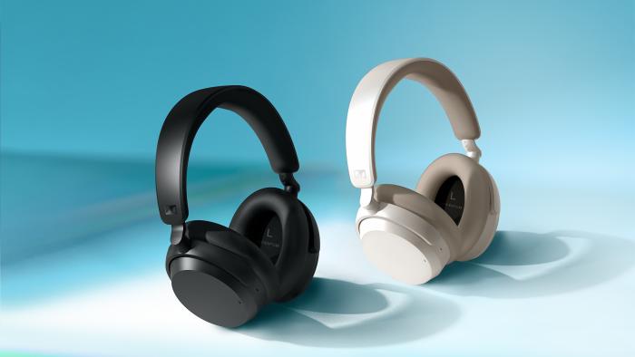 Product marketing photo for the Sennheiser Accentum Wireless. Two headphone pairs (one in black, the other in white) on a light blue surface with dynamic lighting and shadows.