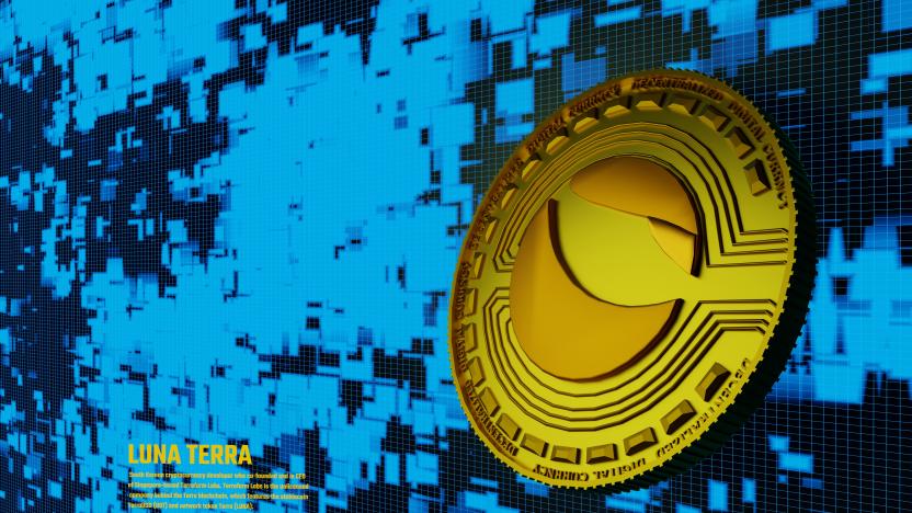 Terra (LUNA) crypto currency token logo on coin technology themed design.